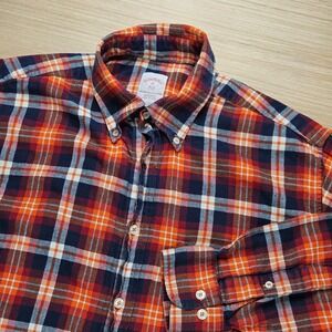 Brooks Brothers 346 Plaid Button Down Flannel Shirt Men M Orange Red Classic Fit